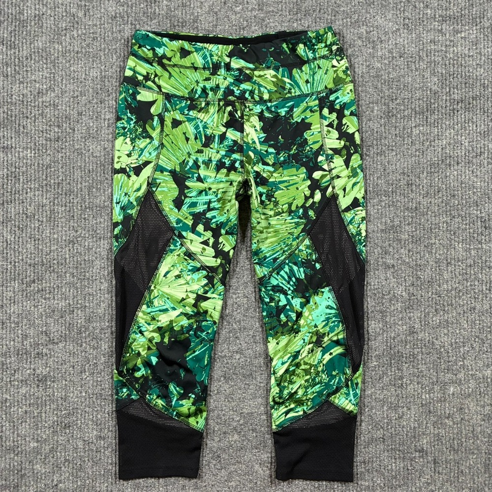 RBX Womens Capri Leggings Size Large Green Tropical‎ Print Mesh Panel Athletic